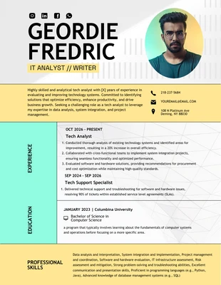 Free  Template: Colorful Simple IT Analyst Resume Template