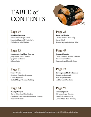 Free  Template: Brown White Food Recipe Table of Contents Template