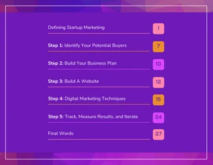 business  Template: Violet Startup Marketing Table of Contents Template