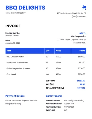 Free  Template: BBQ Catering Invoice Template