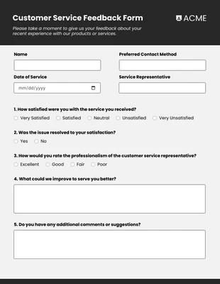 Free  Template: Sample Customer Service Feedback Form Template