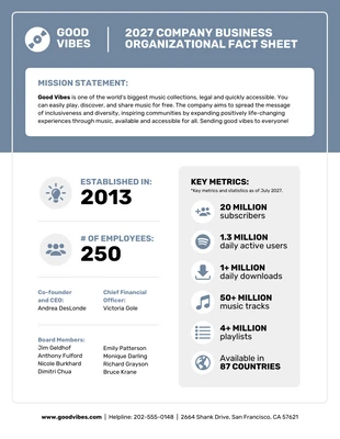 Free  Template: Company Business Fact Sheet Template