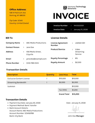 business  Template: Licensing Royalty Invoice Format Template