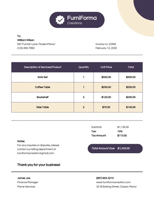 premium  Template: Purple Cream Furniture Business Invoice Template