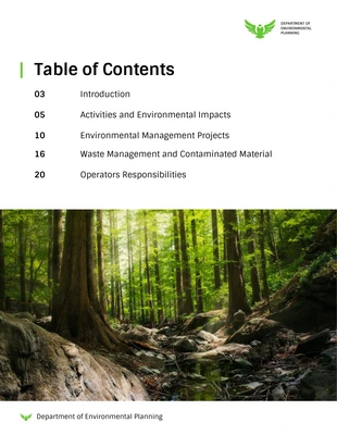 Free  Template: Environmental Awareness Introduction Table of Contents Template