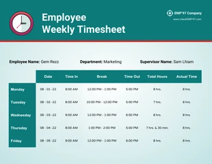 Free  Template: Employee Weekly Timesheet Design Template