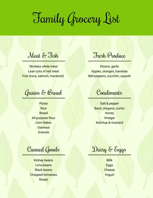 Free  Template: Green Family Grocery List Checklist Template