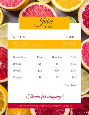 Free  Template: Juice Store Invoice Template