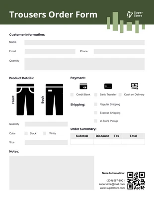 premium  Template: Tom Thumb Trousers Order Ecommerce Form Template