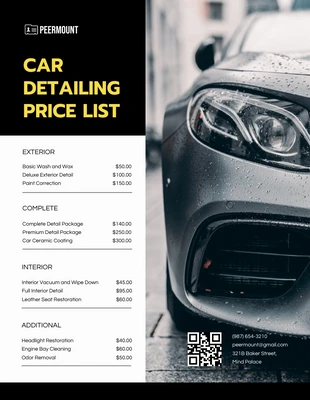 Free  Template: Yellow Black Car Detailing Price List Template