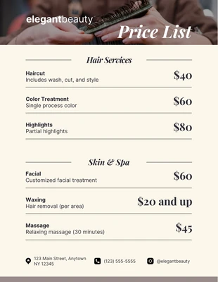 Free  Template: Professional Elegant Beauty Salon Price List Template