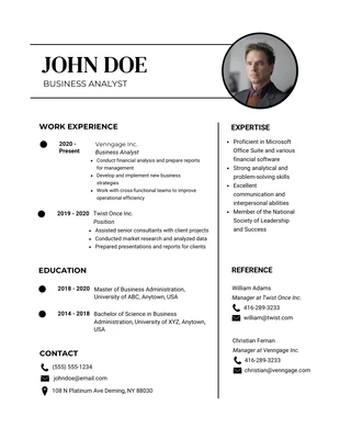 Free  Template: White Black Clean Business Analyst Resume Template