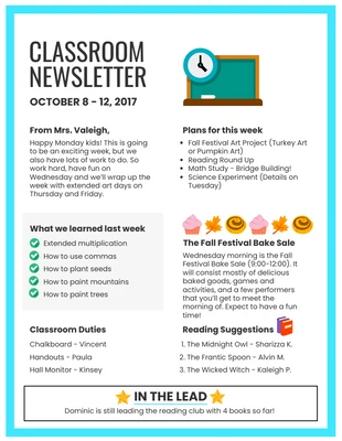 Free  Template: Weekly Classroom Newsletter Example Template