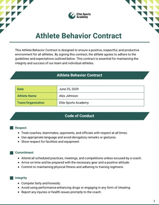 business  Template: Athlete Behavior Contract Template