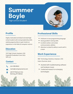 Free  Template: Blue Minimalist Example of High School Resume Template