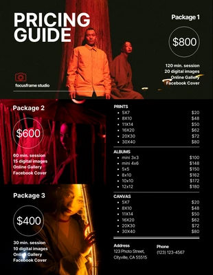 Free  Template: Dark Photography Studio Price List Template