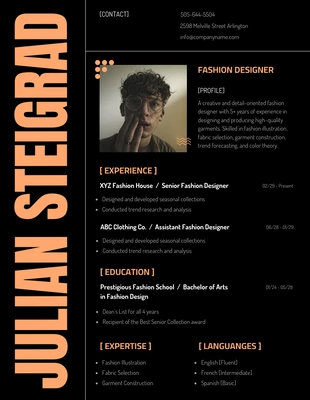 Free  Template: Orange Black Fashion Designer Resume Template