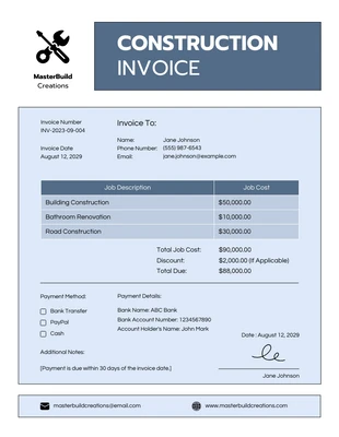 Free  Template: Blue Construction Invoice Template