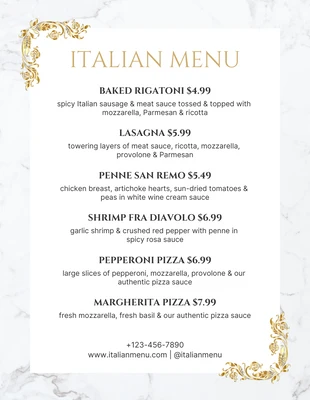 Free  Template: White Modern Classic Marble Italian Menu