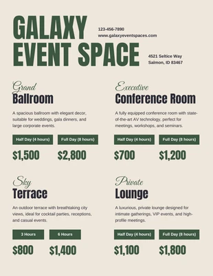 Free  Template: Event Space Rental Price List Template