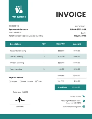 business  Template: Teal White Cleaning Invoice Template