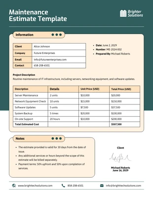 business  Template: Maintenance Estimate Template