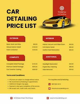 business  Template: Yellow Red Car Detailing Price List Template