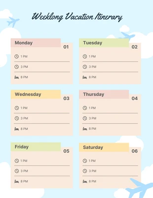 Free  Template: Weeklong Vacation Itinerary Planner Template