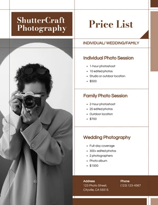 premium  Template: Brown Photography Price List Template