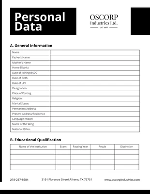 Free  Template: Personal Data Sheet Form Template