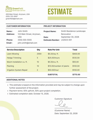 Free  Template: Green Landscape Estimate Template