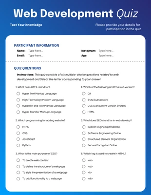 Free  Template: St Tropaz Web Development Quiz Form Template