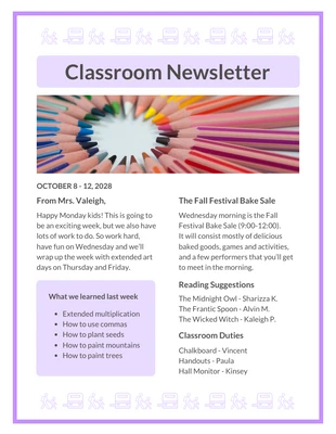 Free  Template: Purple Icon Classroom Newsletter Template