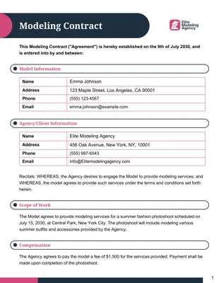 Free  Template: Modeling Contract Template