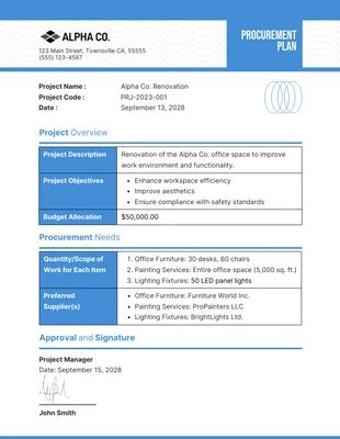 Free  Template: Blue White Procurement Plan Template