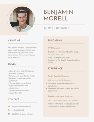 Free  Template: White Peach Graphic Designer About Me Resume Template