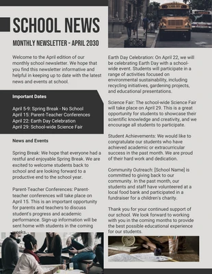 Free  Template: Grey Black School News Newsletter Template