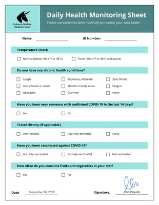 Free  Template: Morning Glory Daily Health Monitoring Sheet Form Template