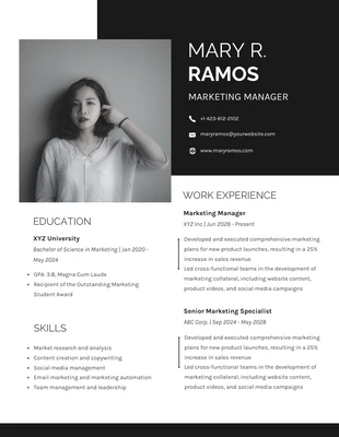 Free  Template: Black White Marketing Manager Resume Design Template