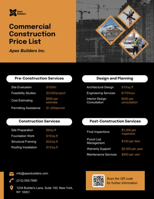 business interactive Template: Commercial Construction Price List Template