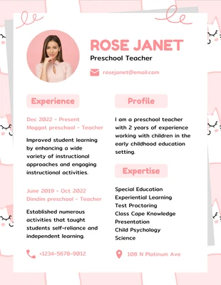 Free  Template: Pink White Cute Playful Preschool Teacher Resume Template