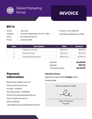 Free  Template: Purple White Simple Marketing Services Invoice Template