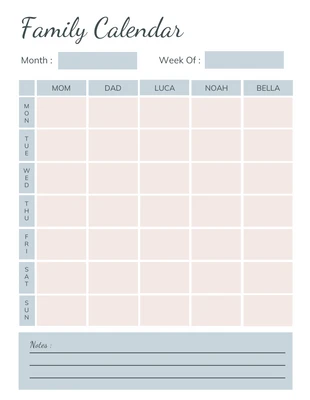 Free  Template: Blue Cream Family Calendar Template