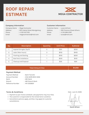 business  Template: Roof Repair Estimate Template