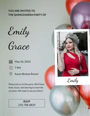 Free  Template: Minimalist Balloon Background Quinceanera Invitation