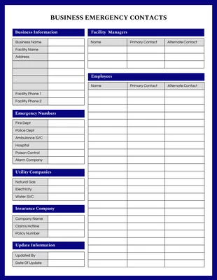 Free  Template: Ultramarine Business Emergency Contact Form Template