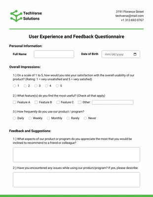 Free  Template: User Experience Feedback Questionnaire Form Template