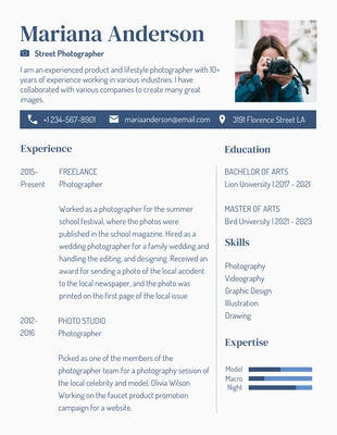 Free  Template: Blue White Elegant Street Photographer Resume Template