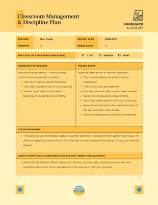 Free  Template: Yellow Classroom Management and Discipline Plan Template