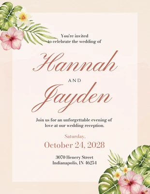 Free  Template: Peach Watercolor Floral Wedding Reception Invitation Card 